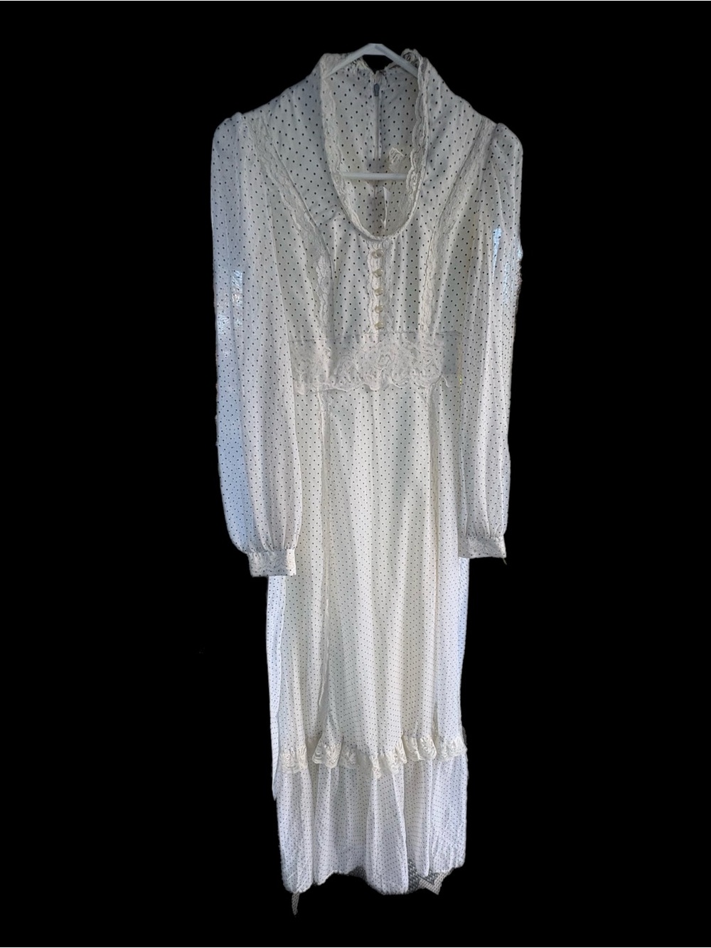 Vintage 70s Niki Sheer Polka Dot Prairie Maxi Dress Lace Trim Gunne Sax Style